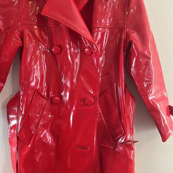 Vintage Lady Esta Wet Look Vinyl Trench Coat Red Mod 60s 70s Japan Matrix - Picture 15 of 17